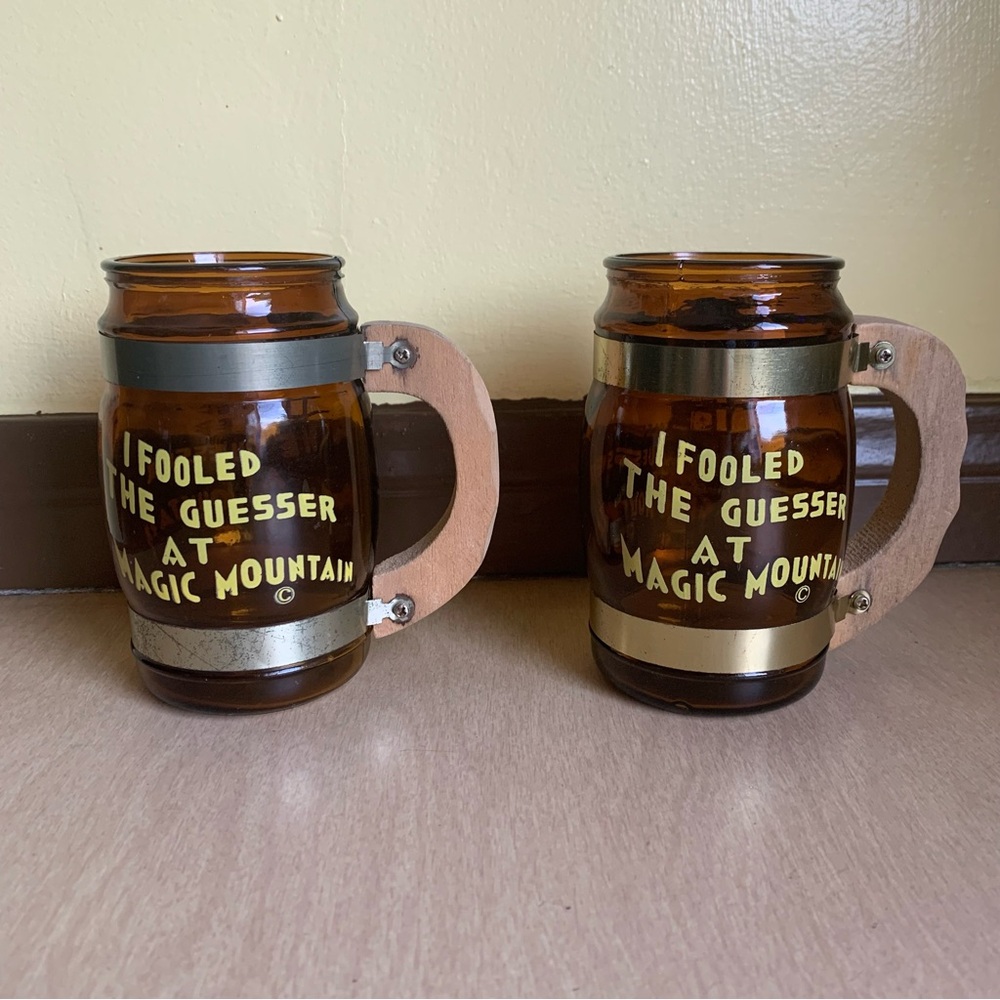 Vintage Lot of 2 Magic Mountain Glass Souvenir Mugs I Fooled The Guesser